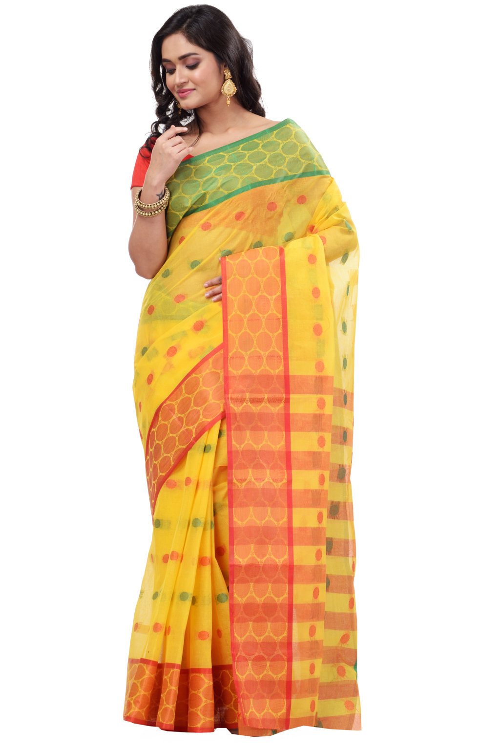 Yellow Pure Cotton Ganga Jamuna Tant Saree (366)